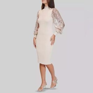 Chic Long Sleeve Cream Dress with Sequin Accents